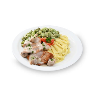 product-Puree, tuinbonen, boterkruid, hamlap, champignonsaus (N.A.)