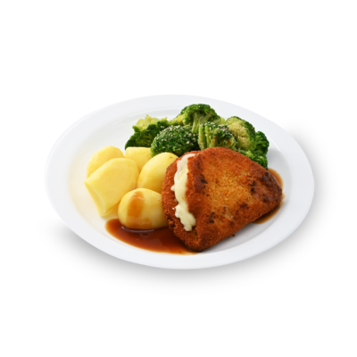 product-Aardappeltjes, broccoli, vegan cordon bleu en jus