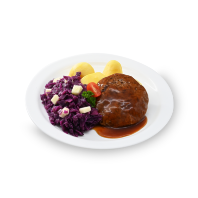 product-Gekookte aardappel, rode kool, hamburger en jus