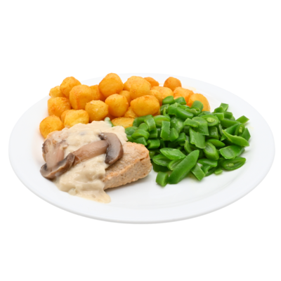 product-Aardappelpartjes, snijbonen, champignonsteak en jus (vega)