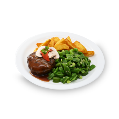 product-Aardappelpartjes, snijbonen, champignonsteak en jus (vega)