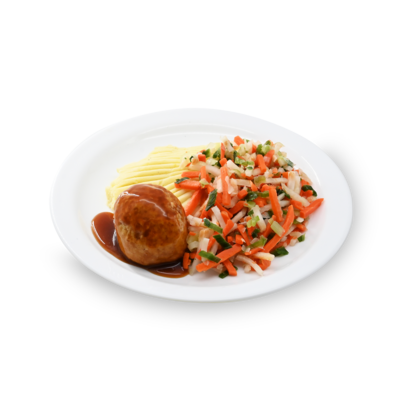 product-Aardappelpuree, groente julienne, kipgehaktbal en jus