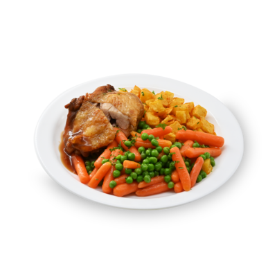 product-Gebakken aardappel, wortel/doperwt-mix, kipkarbonade en jus
