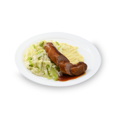 product-Aardappelpuree, witte kool en varkenssaucijs