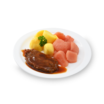product-Gekookte aardappeltjes, stoofperen, sucadelap en jus