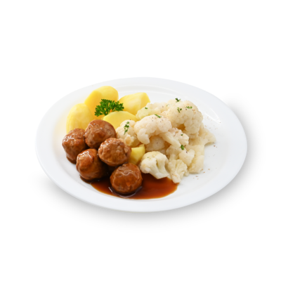 product-Aardappeltjes, bloemkool, vega balletjes en jus