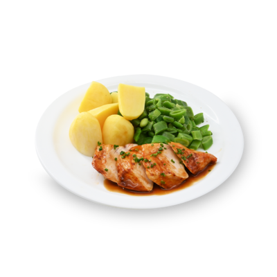 product-Gekookte aardappelen, snijbonen, kipfilet en jus